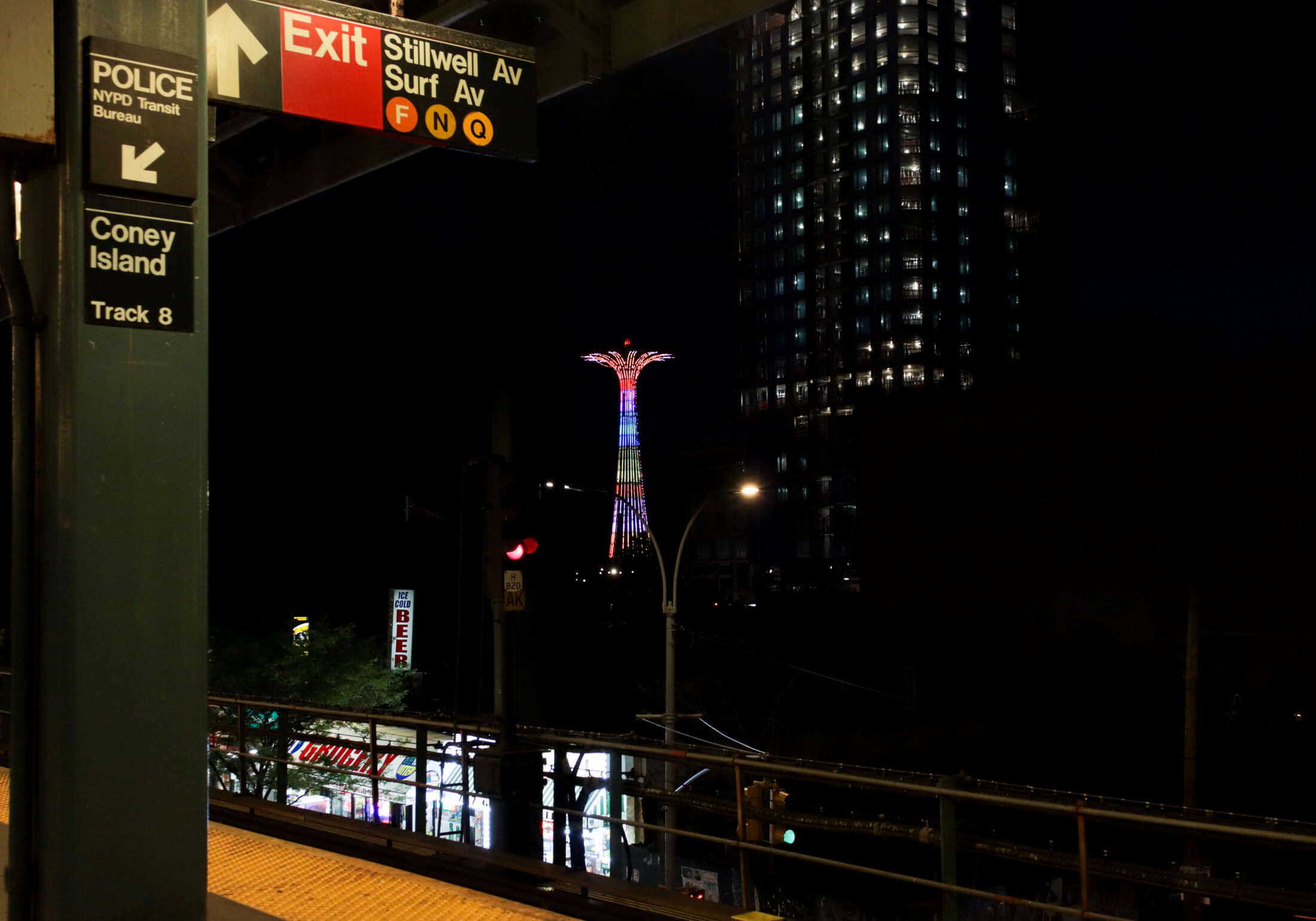 night view of the parachute jump from the surf avenue subway platform