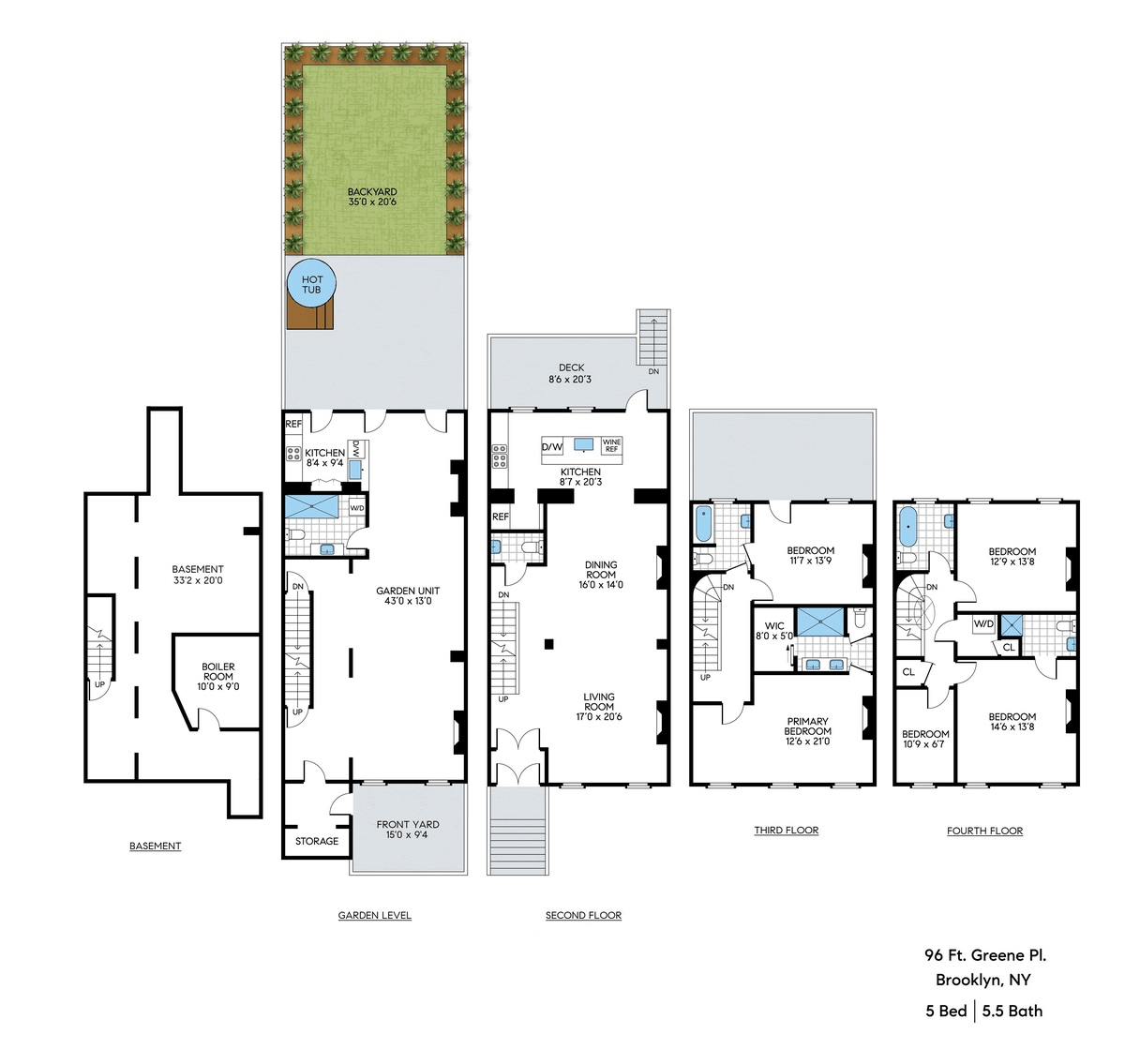 floorplans showing basement and four floors of living space