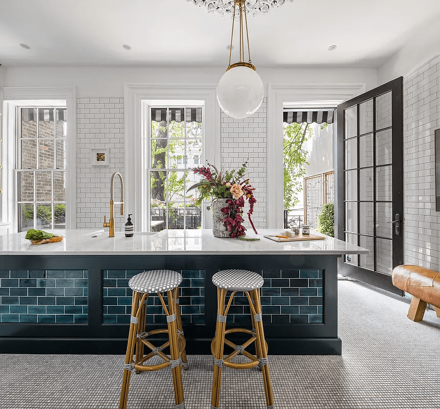 kitchen with blue tile island