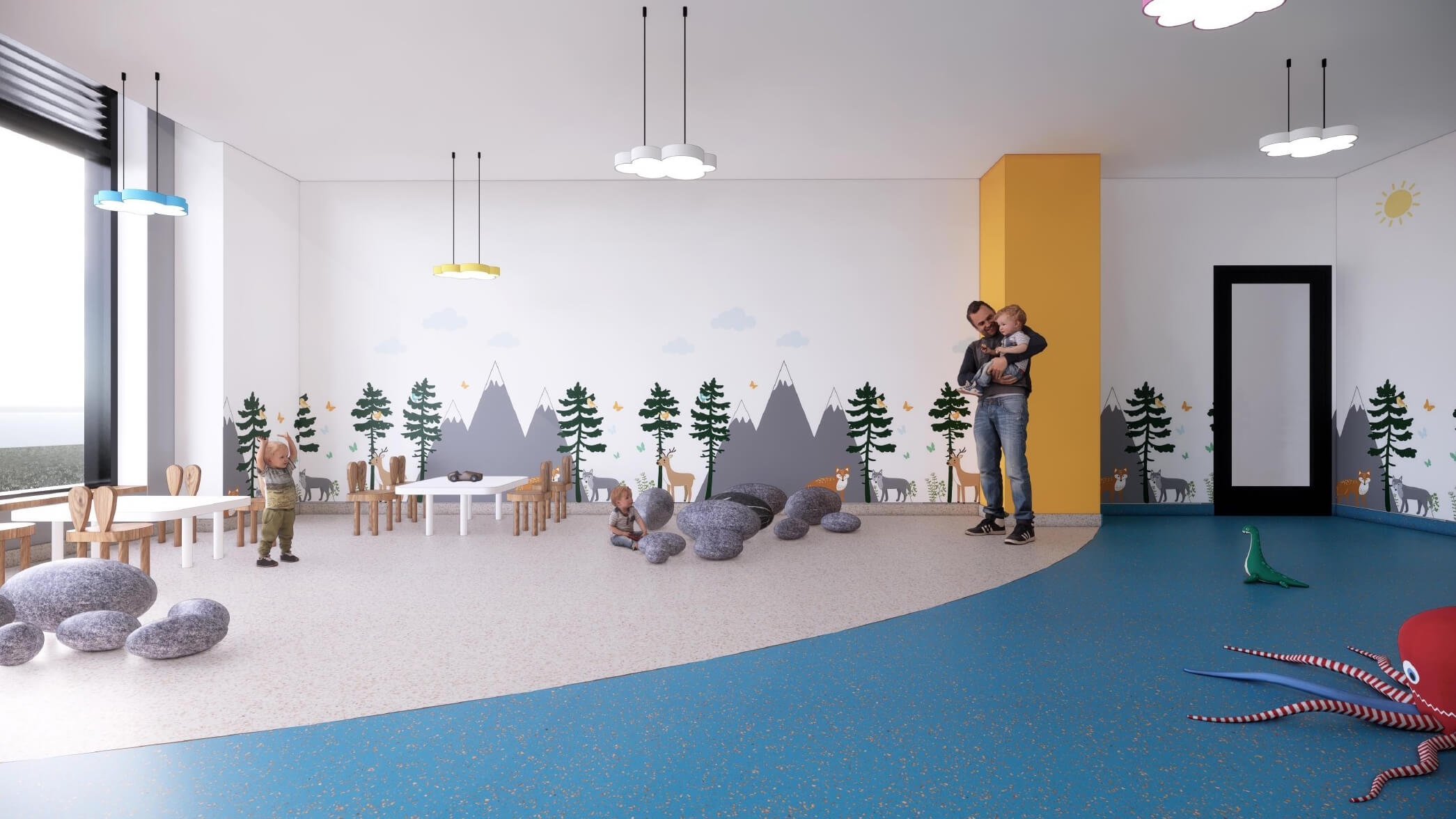 children's play room with mountain and tree mural on the wall
