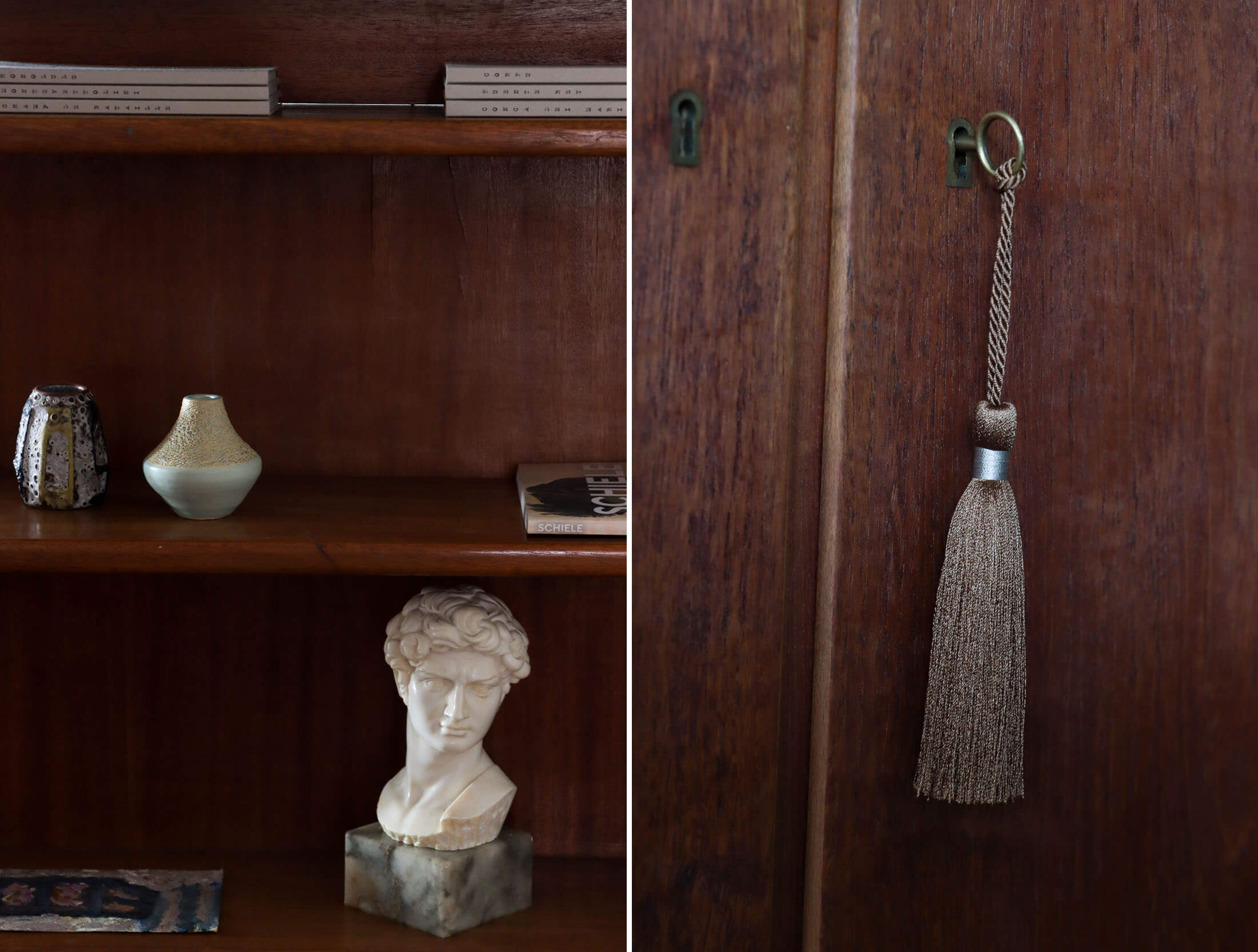 pottery on a shelf and a tassle detail