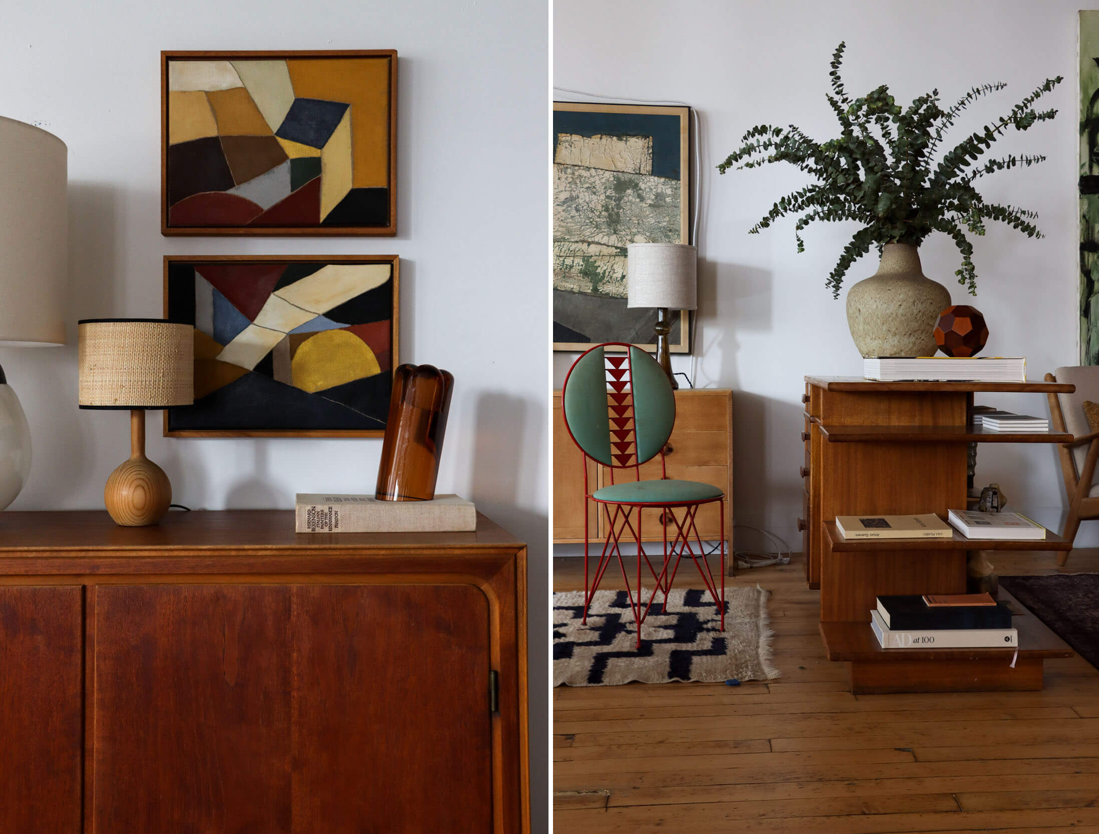 a lamp on a sideboard and a desk and chair