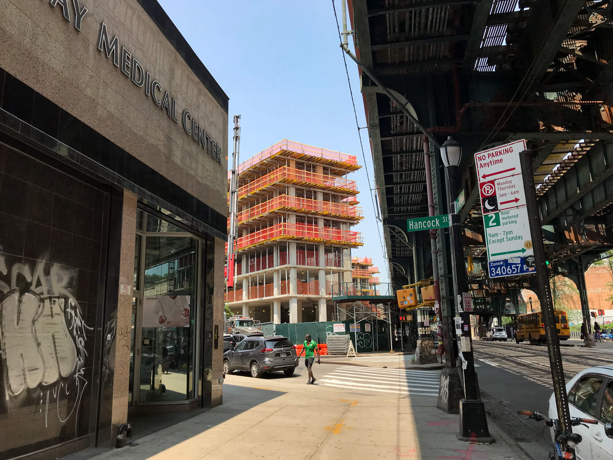 view on broadway to the building under construction