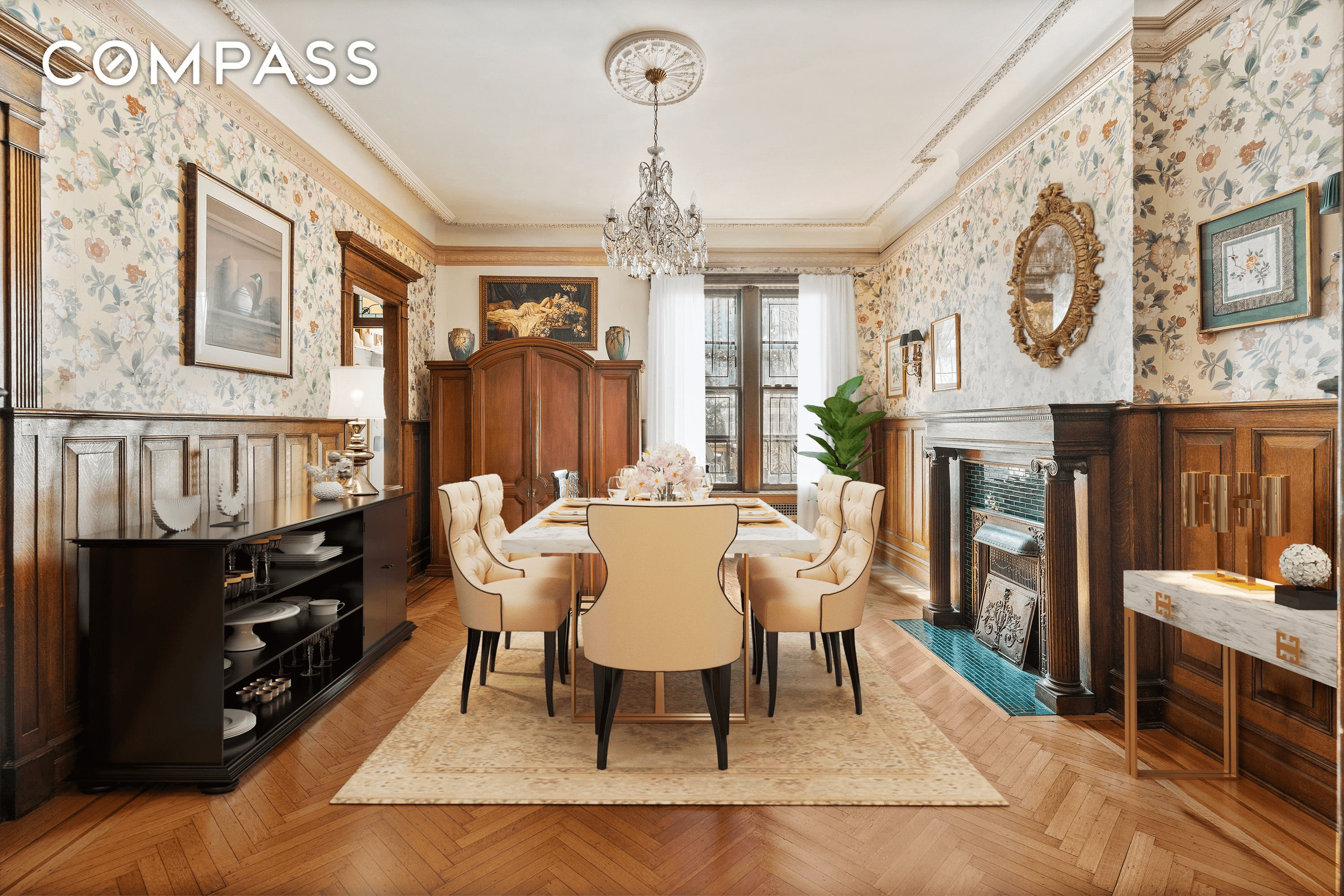 dining room with mantel