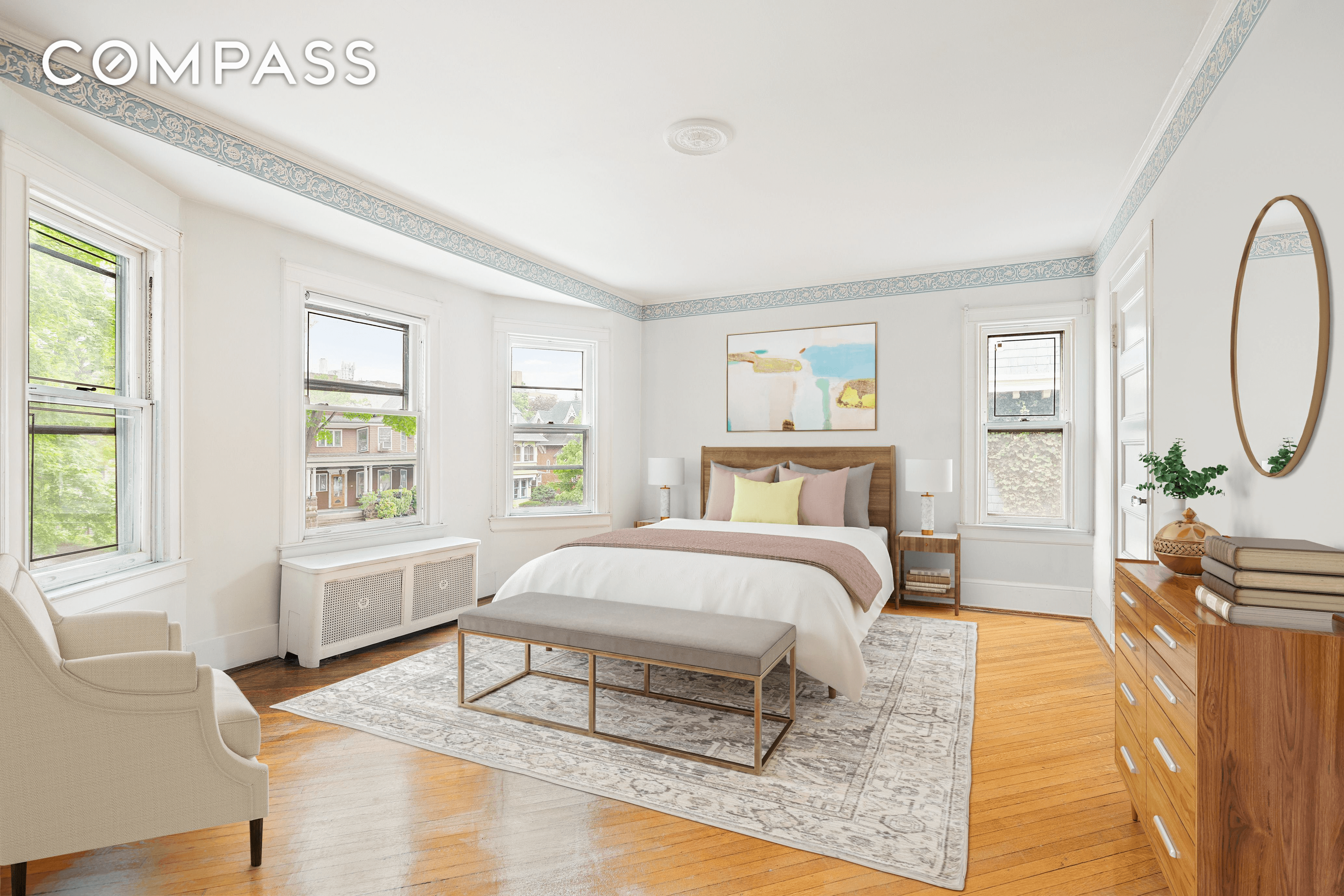 virtually staged bedroom with multiple windows