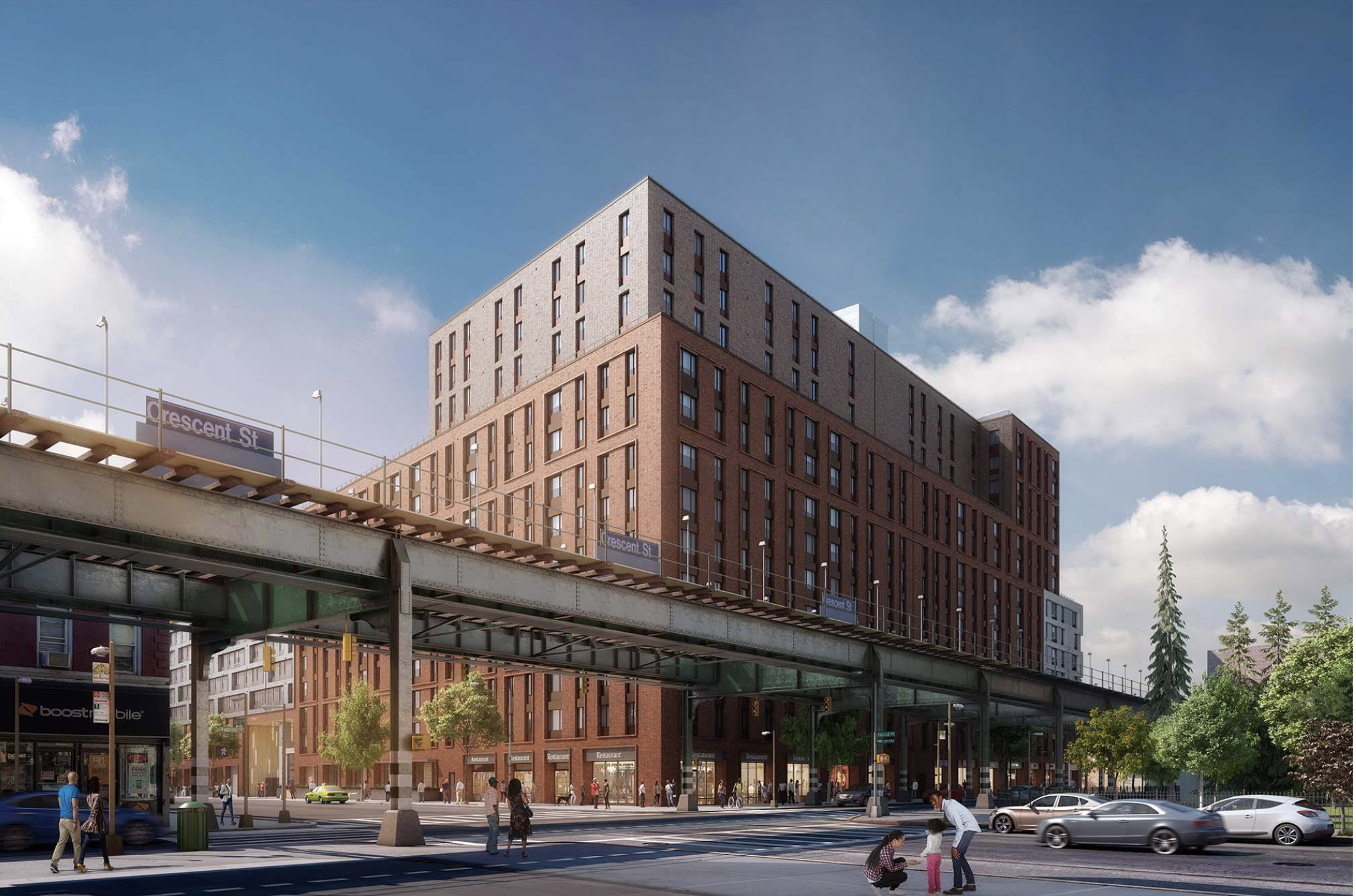 rendering showing crescent street elevated tracks running in front of the building