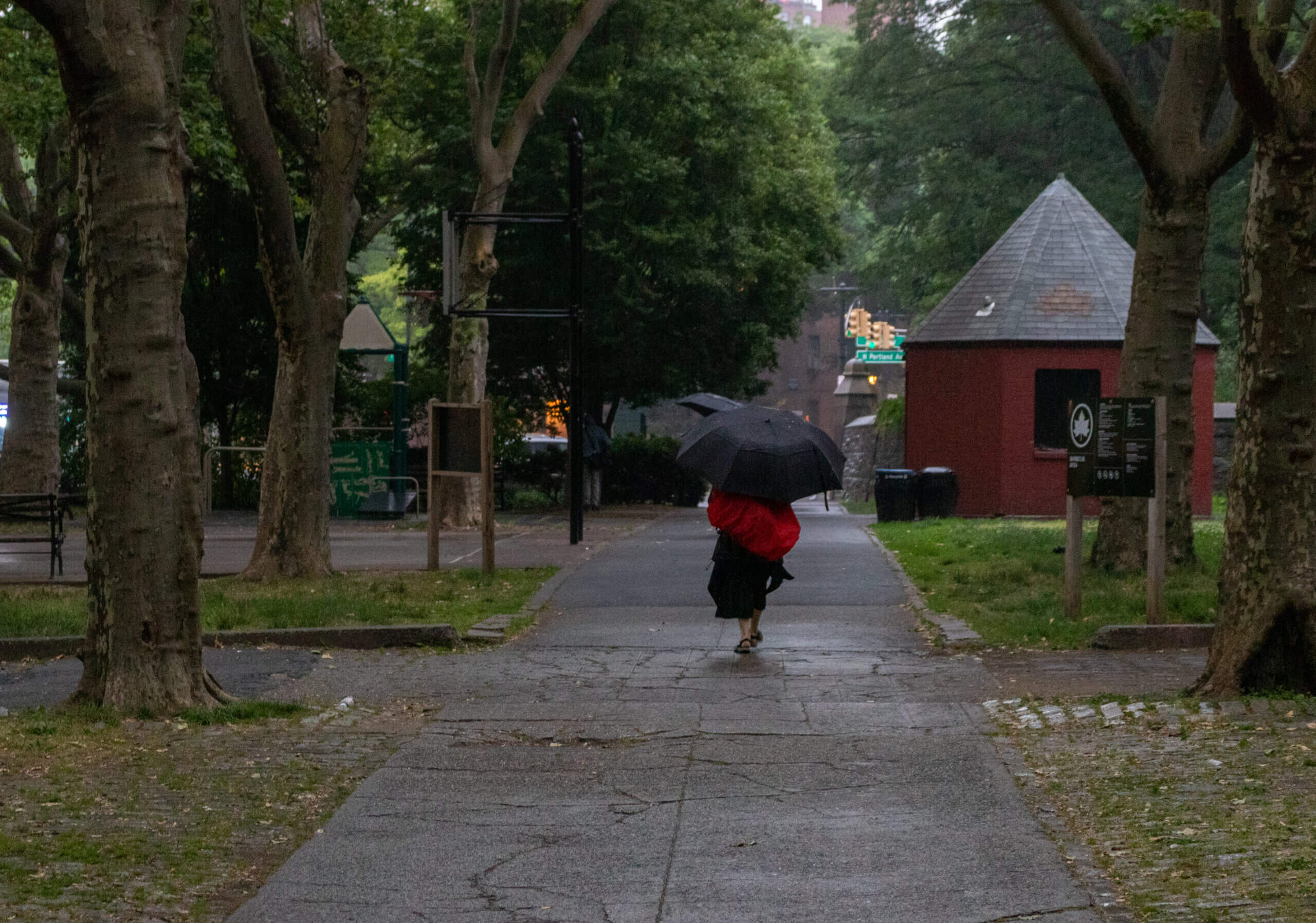 person walking with an umbrella in fort greene park