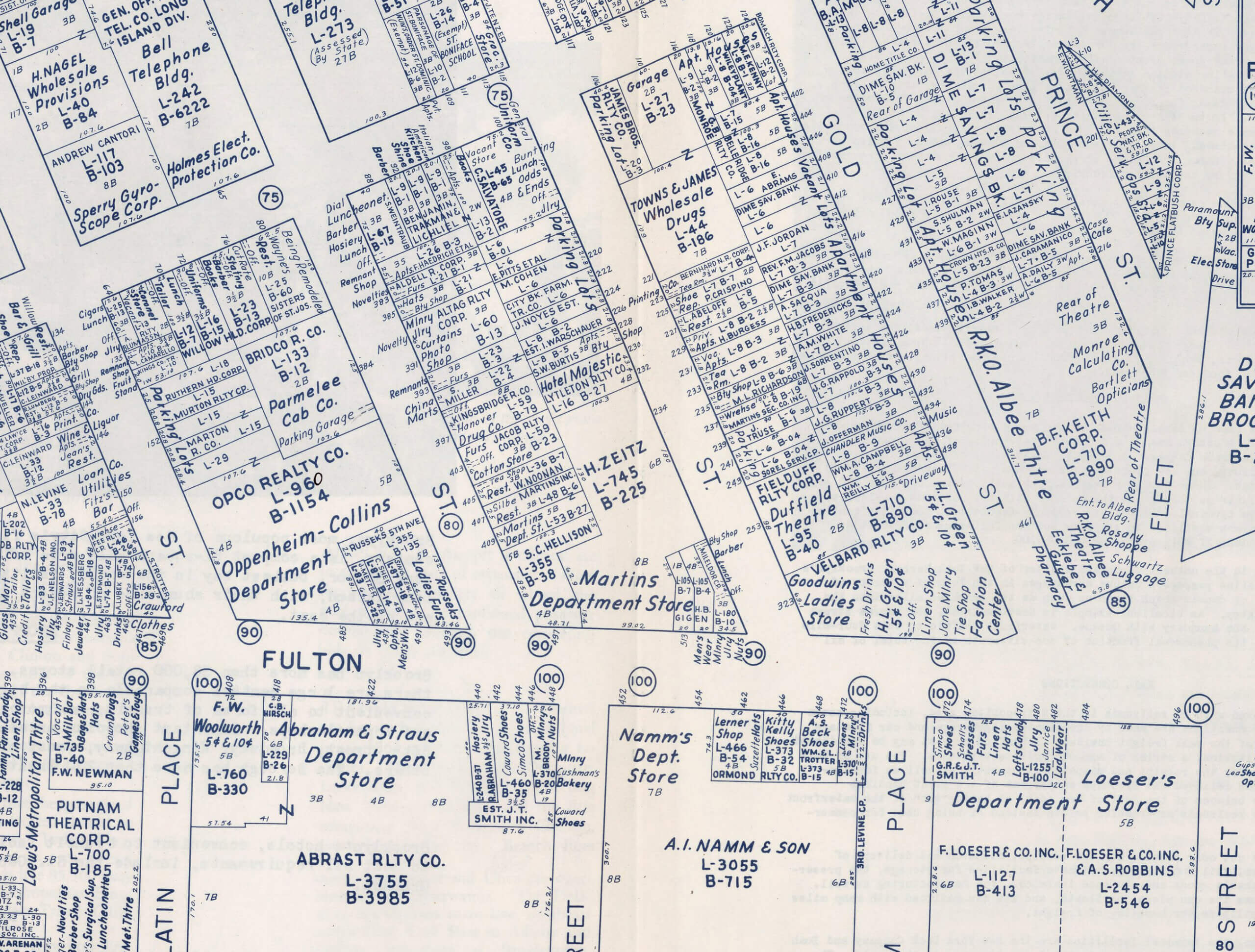 a map showing the location of A &S, Martins, Loeser's and A. I. Namm department stores