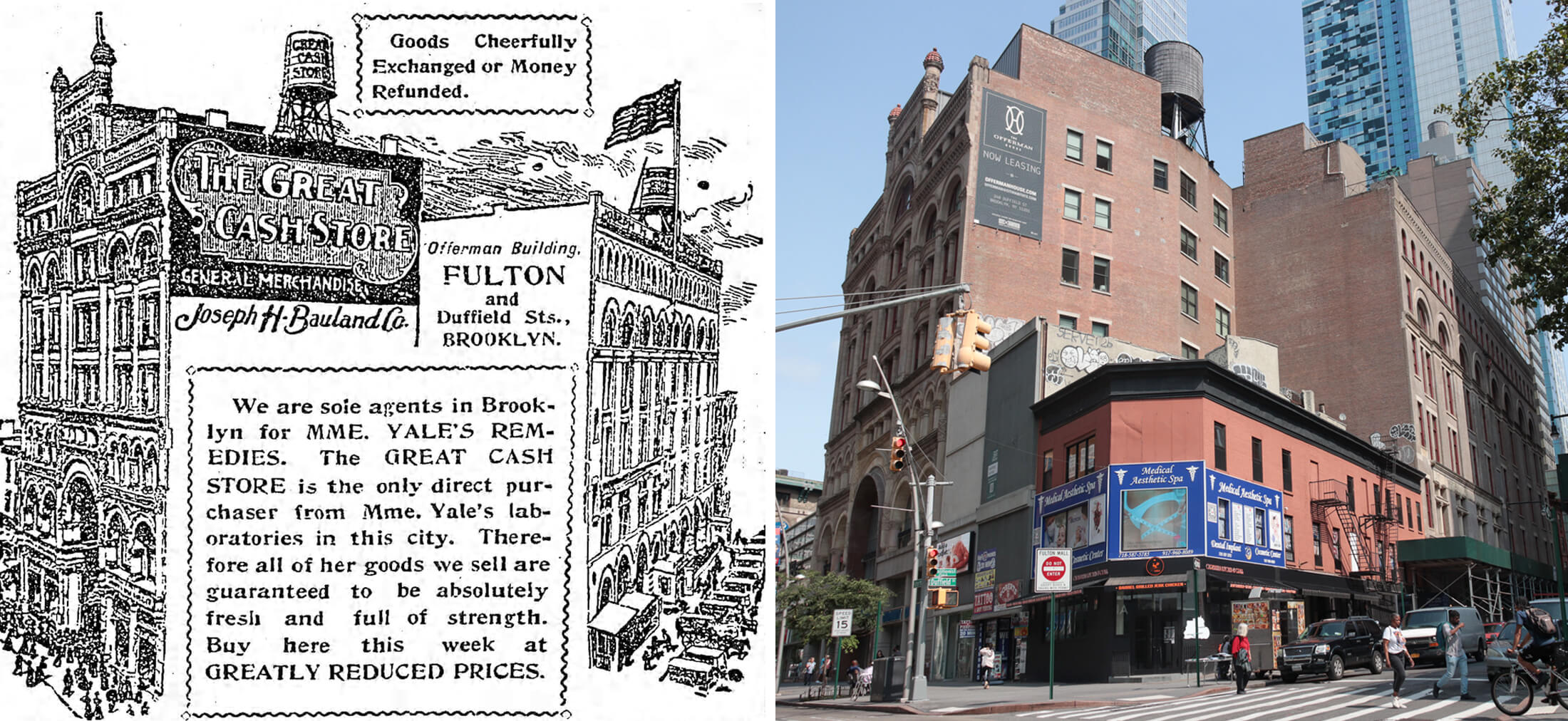 a drawing of the building in 1897 and a current view showing the corner of fulton and duffield streets