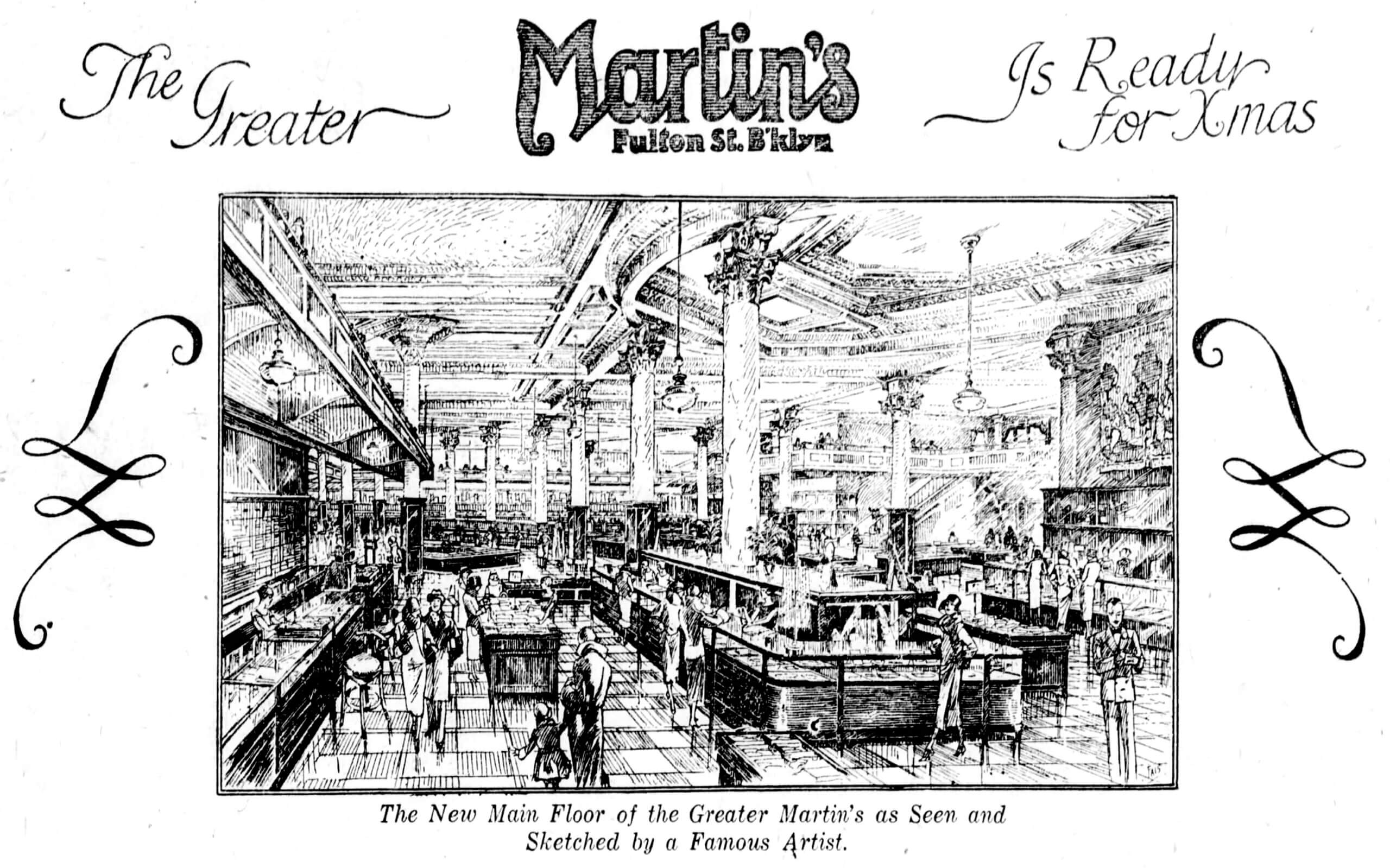 a black and white sketch of the main floor of the interior showing columns and display cases