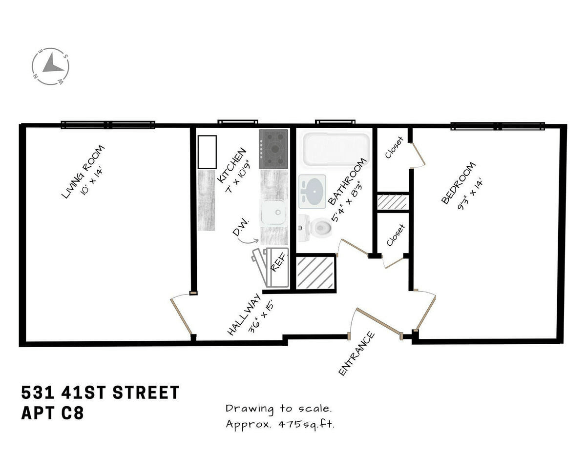 floorplan showing bedroom and living room at opposite ends