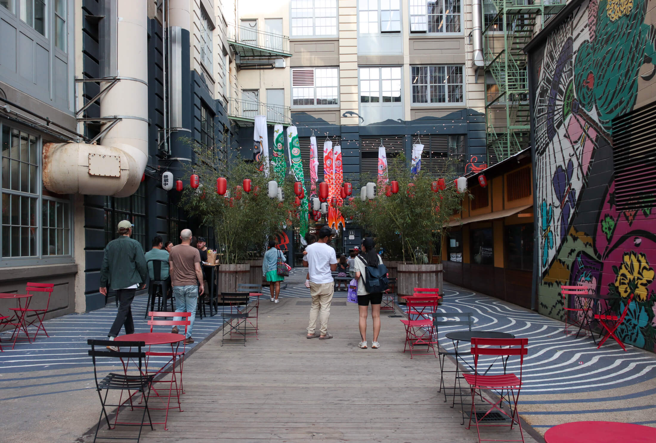 people eating outside in industry city