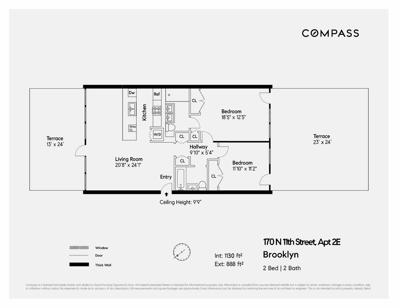 floorplan with terraces on either end of the apartment