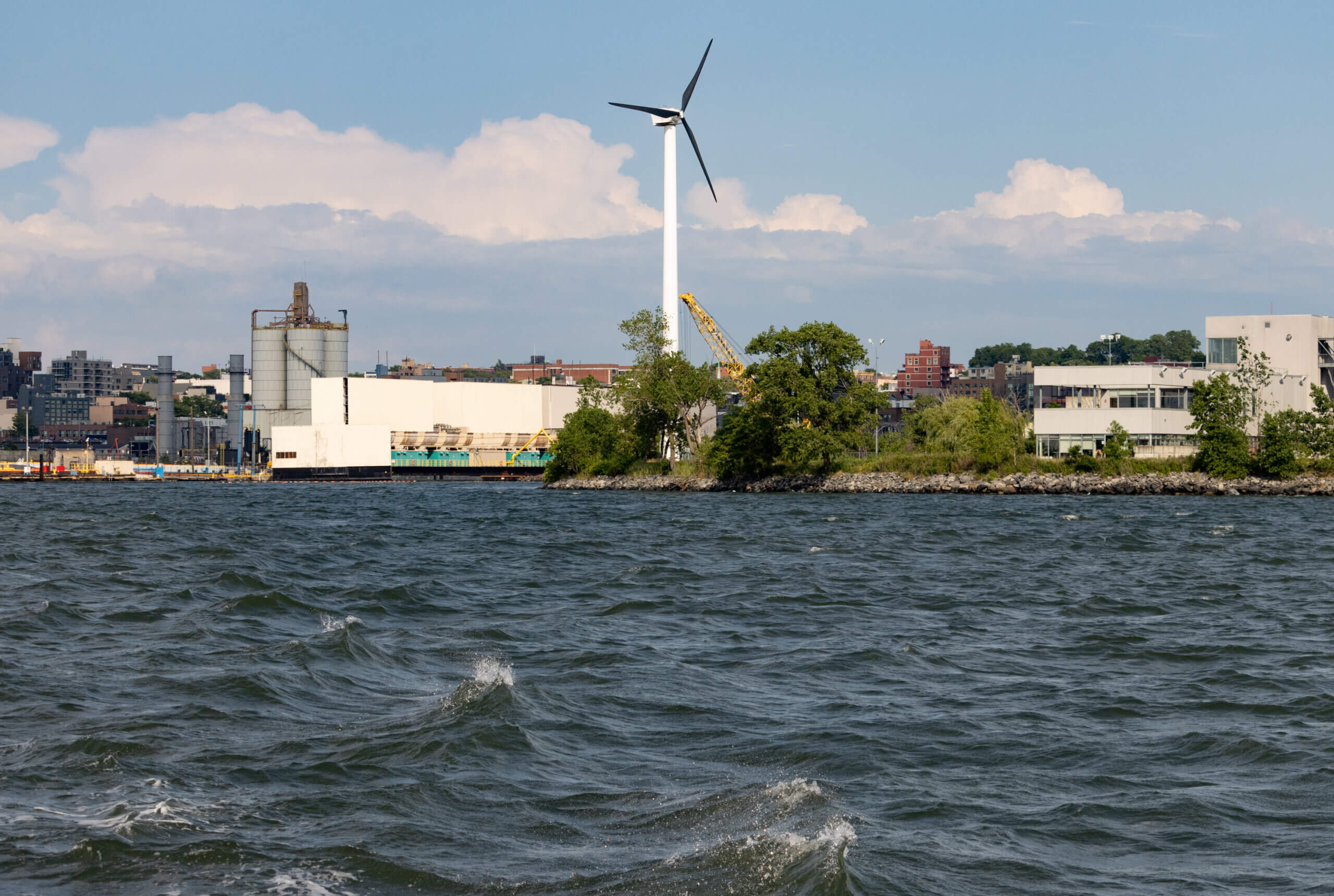 a wind turbine along the Sunset Park waterfront