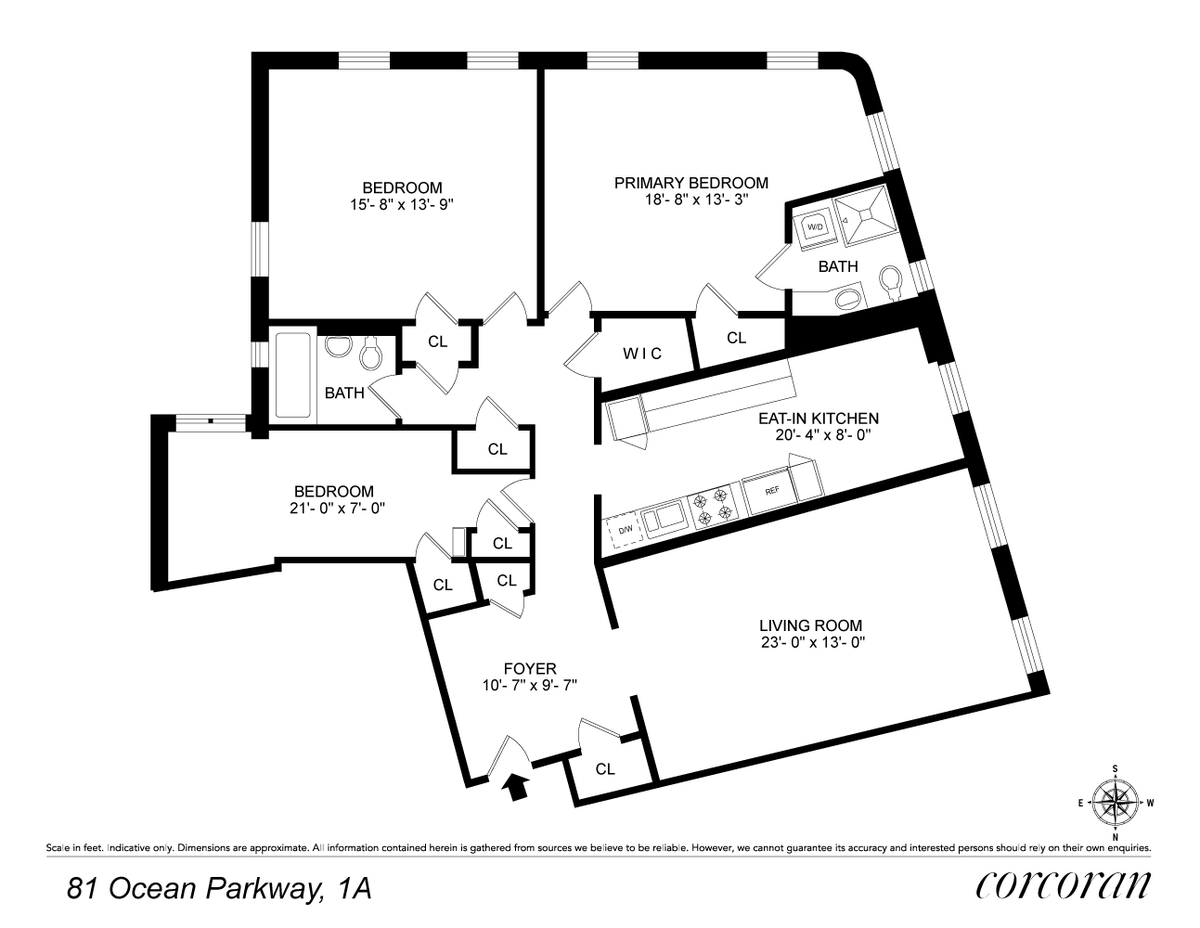 floorplan with three bedrooms and eight closets