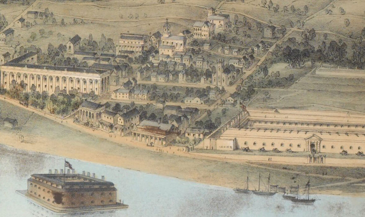 a colored lithograph showing a birds eye view of the Fort Hamilton area with numerous houses and churches