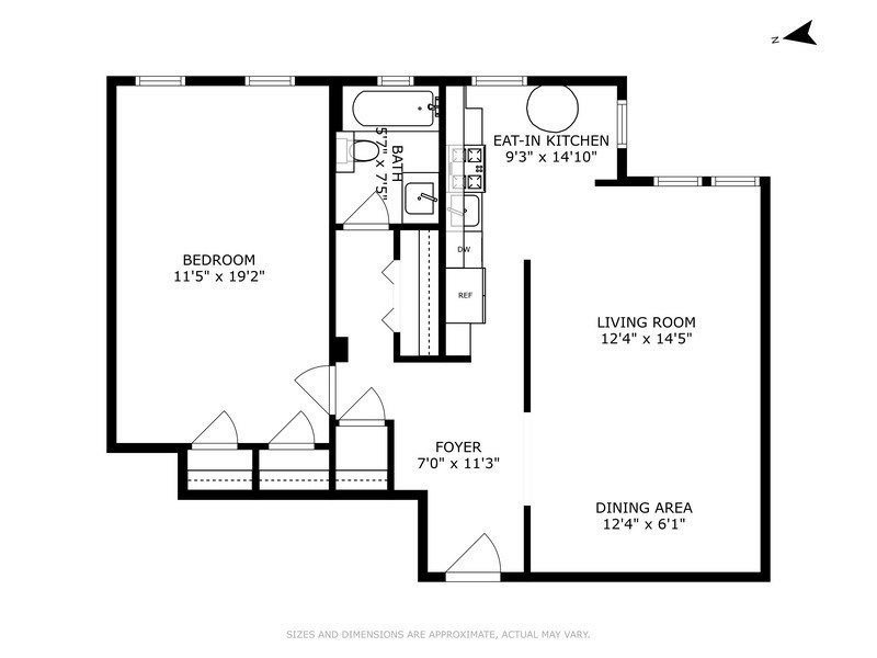 floorplan showind central foyer with living room on one side and bedroom on the other