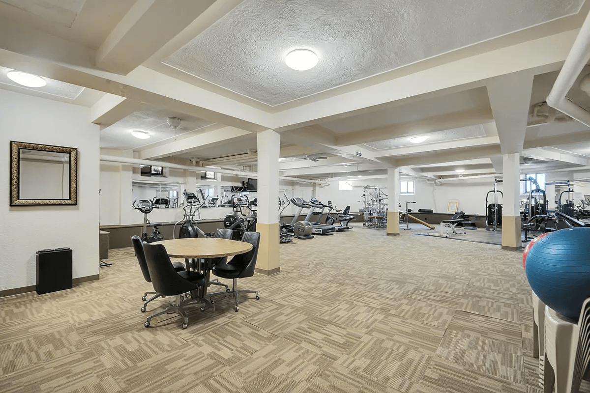 basement gym with exercise equipment, carpet tile floor