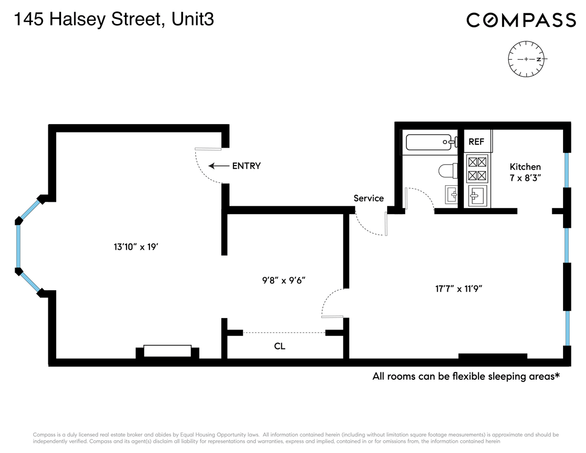 floorplan showing three rooms plus kitchen and bath