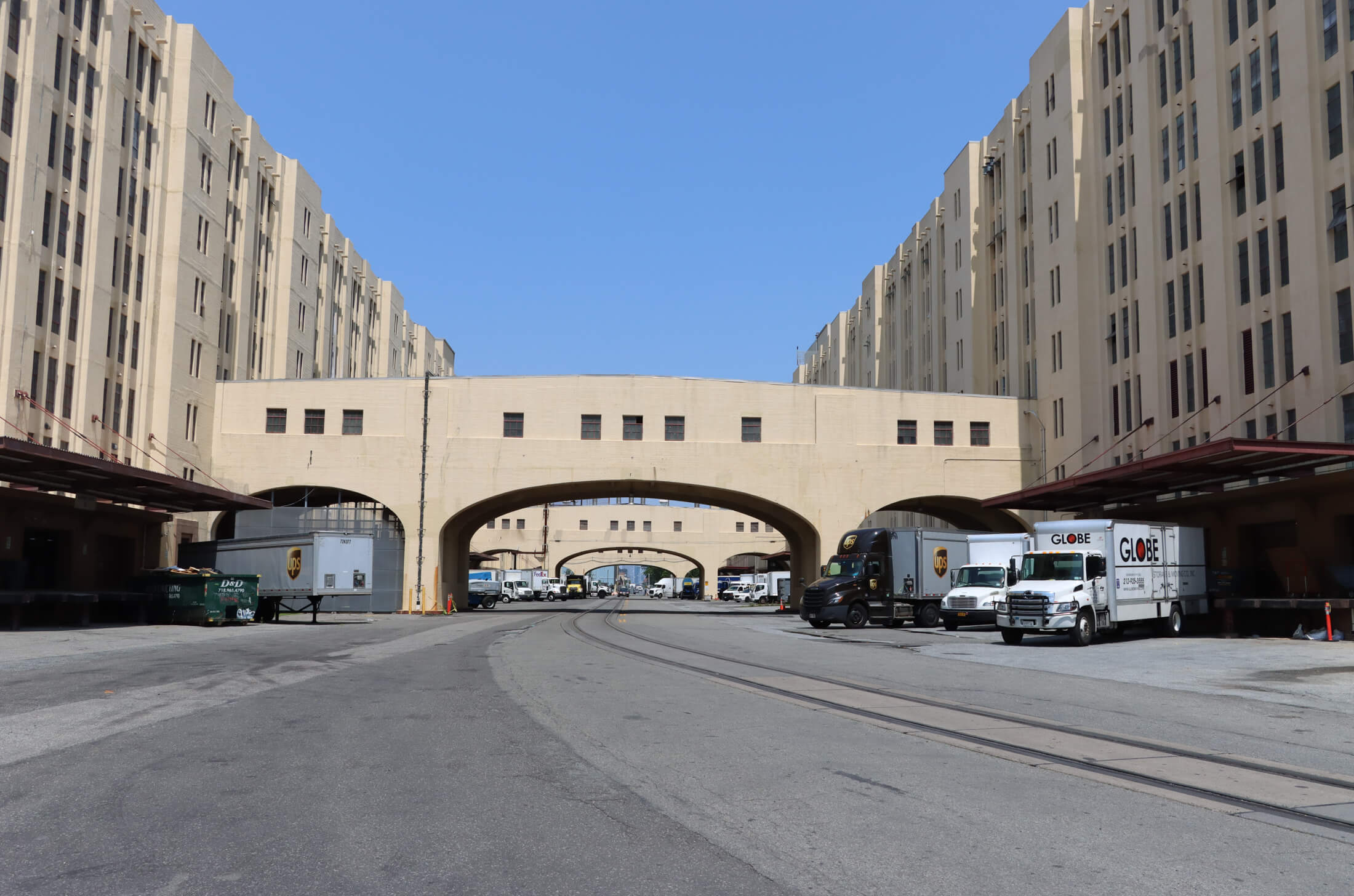 view of rail tracks between the buildings