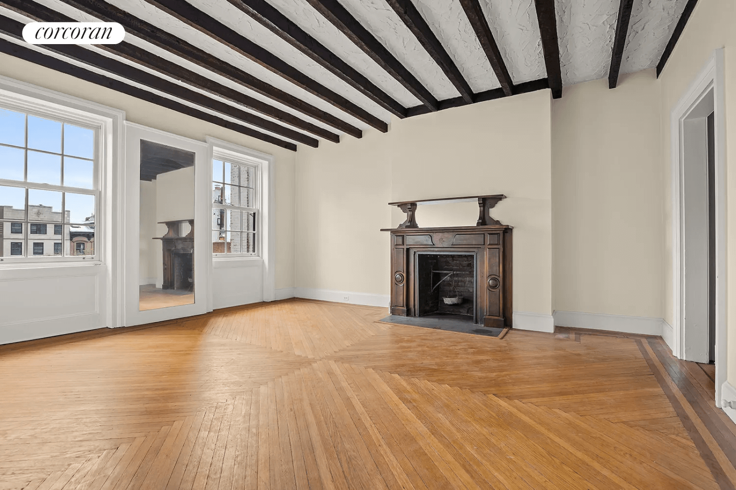 bedroom with beamed ceiling