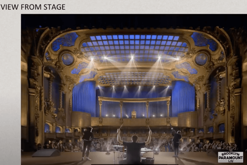 rendering with view from onstage looking out with views of blue and gilded details