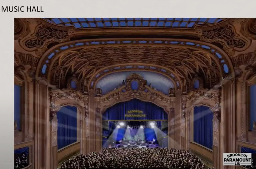 rendering of the theater interior with blue curtains