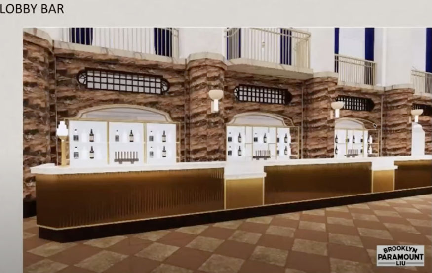 rendering of lobby bar with lit, glass shelves behind