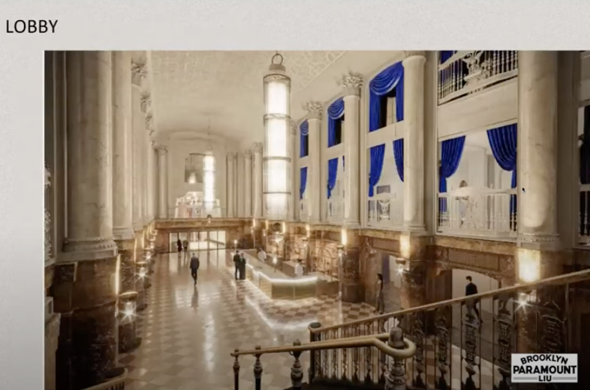 a rendering of the lobby with columns, ironwork on stairs and a bar