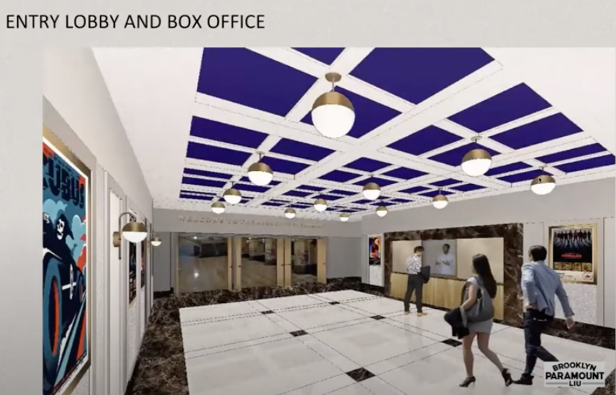 a rendering of the box office with blue ceiling panels