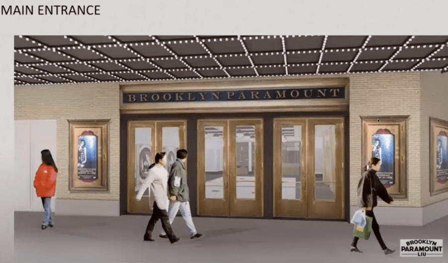 a rendering of the entrance showing a Brooklyn Paramount sign above the door