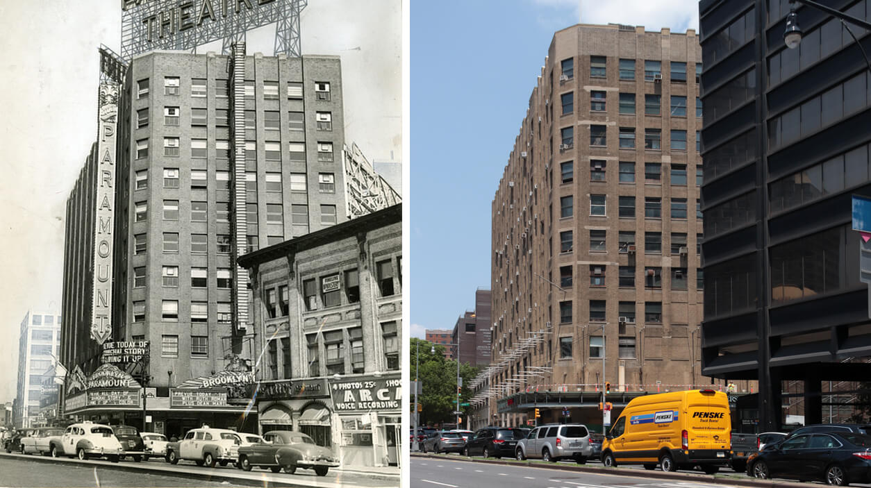 a black and white photo showing the old marquee and a photo today