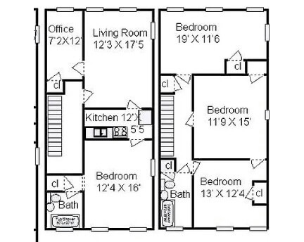 duplex floorplan with kitchen on first level and bedrooms above