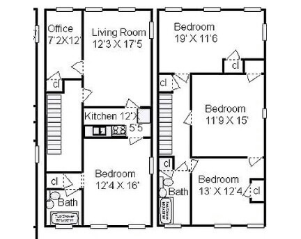 duplex floor plan with kitchen on first level and bedrooms above