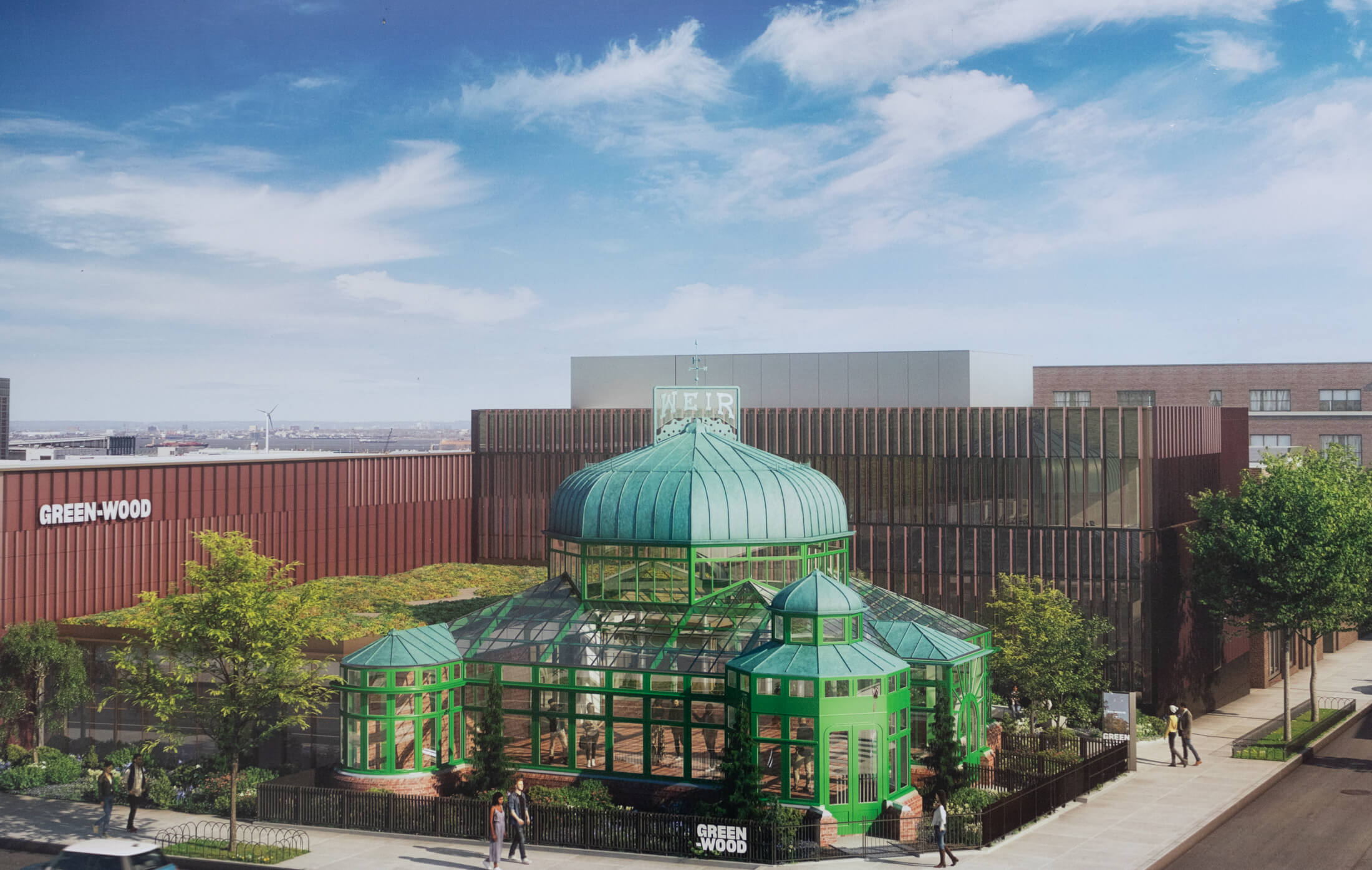 rendering showing the modern visitor center and restored greenhouse