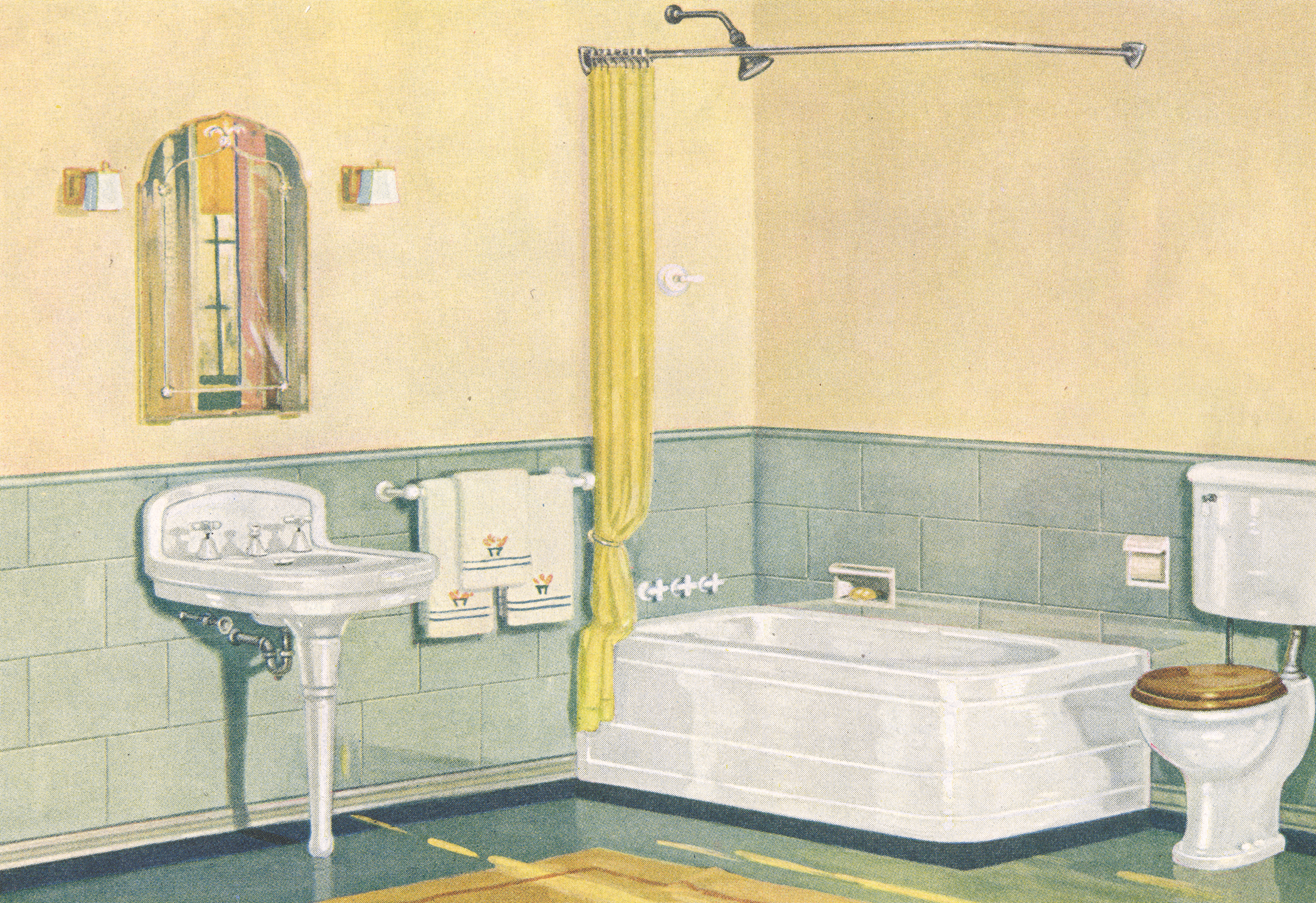 vintage illustration of a bathroom with white fixtures and green tile walls