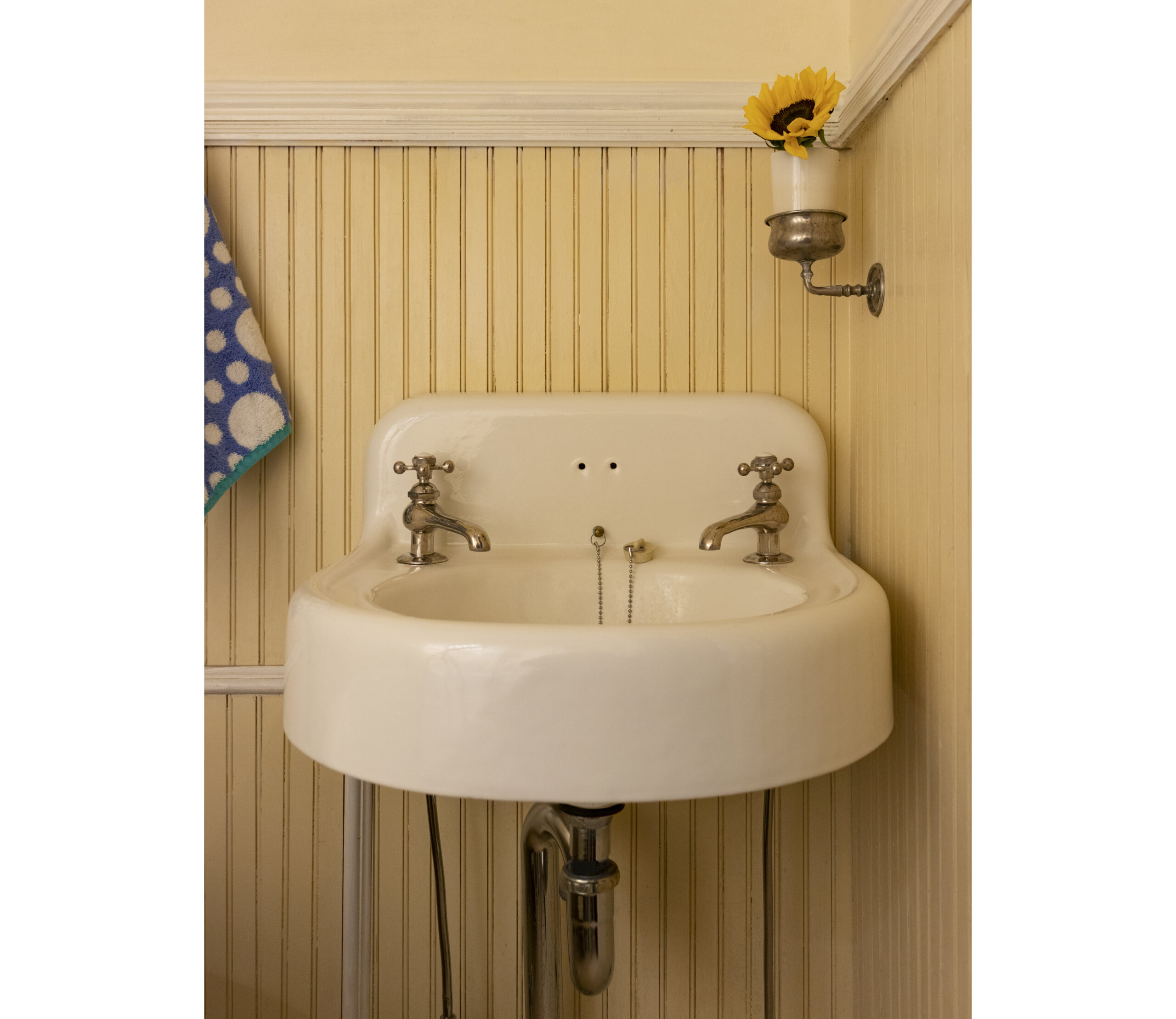 reglazed sink - a vintage sink with a cup holder above filled with a sunflower