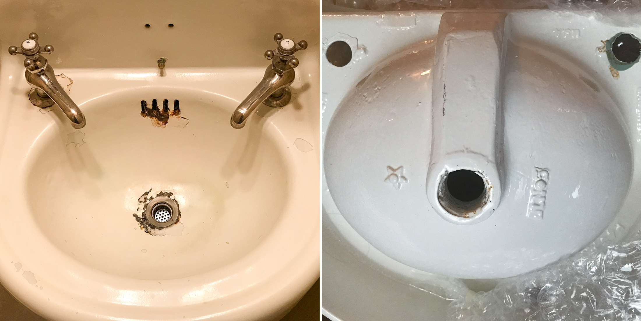 a vintage sink before and after