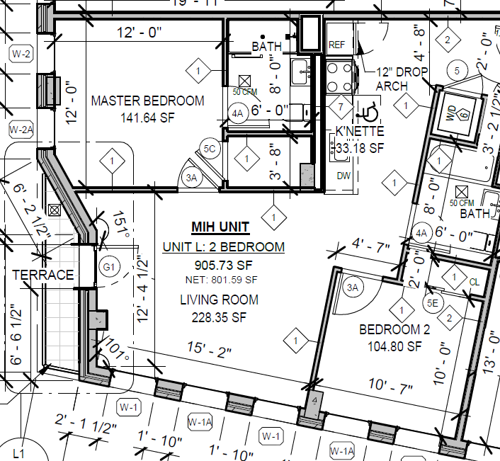 floor plan showing a two-bedroom unit with bedrooms on opposite sides of the apartment