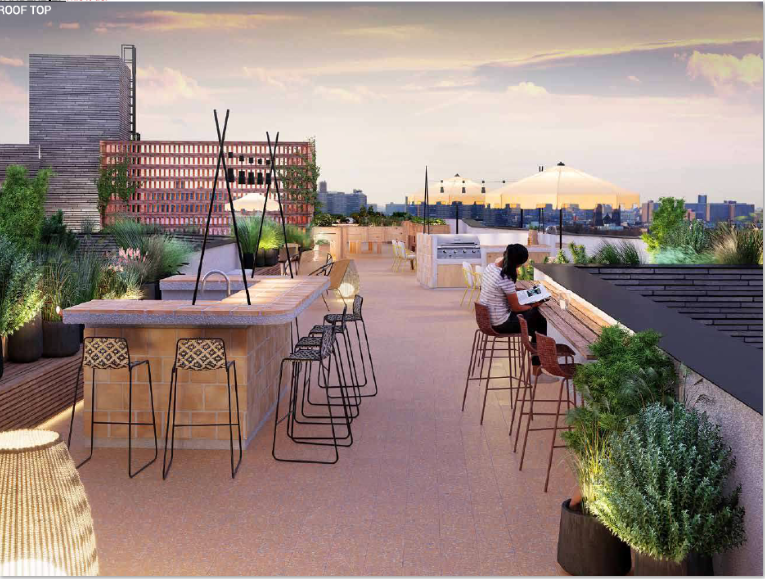rendering of the roof terrace with a bar and potted plants