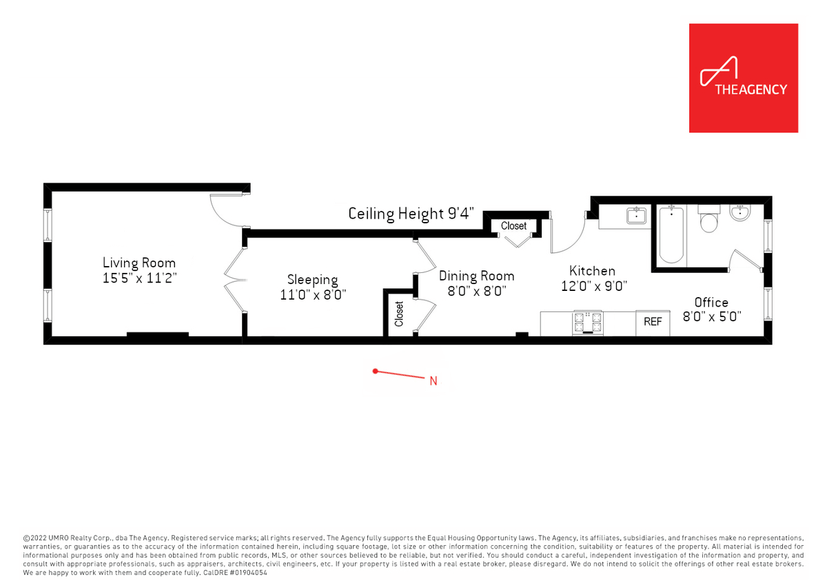 floorplan with windows at front and back of apartment and windowless rooms in middle