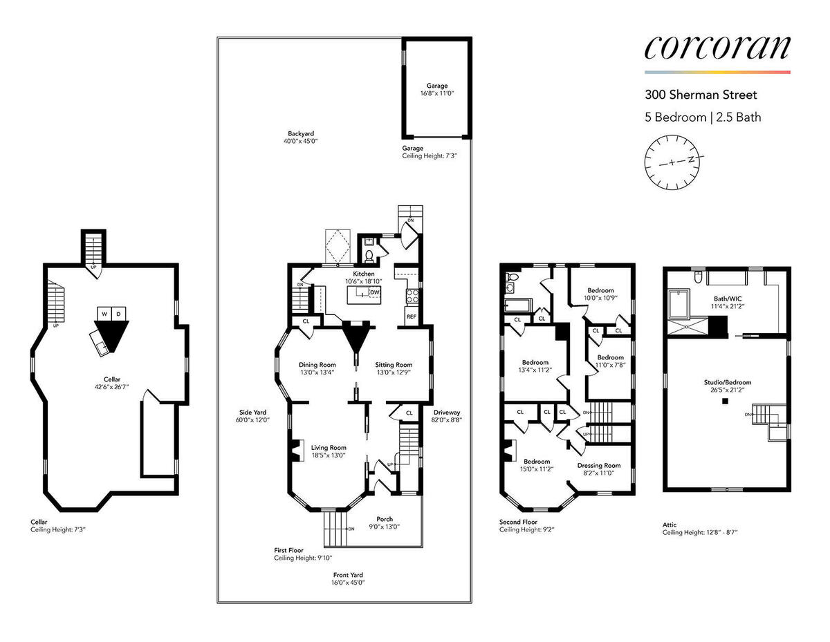 floorplans for the three floors of living space with five bedrooms and 2.5 baths