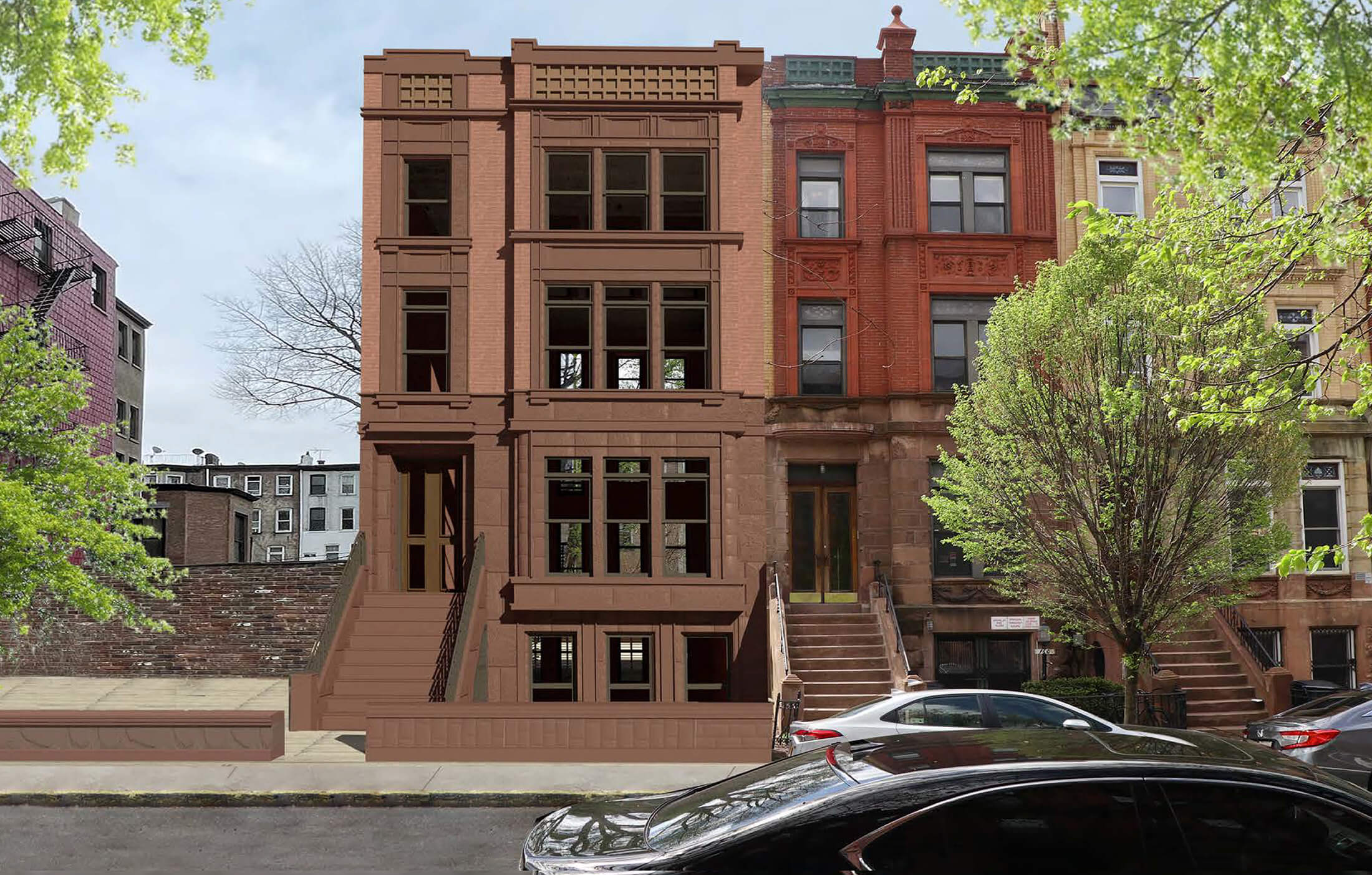 162 hancock rendering show a modern row house of brick and brownstone