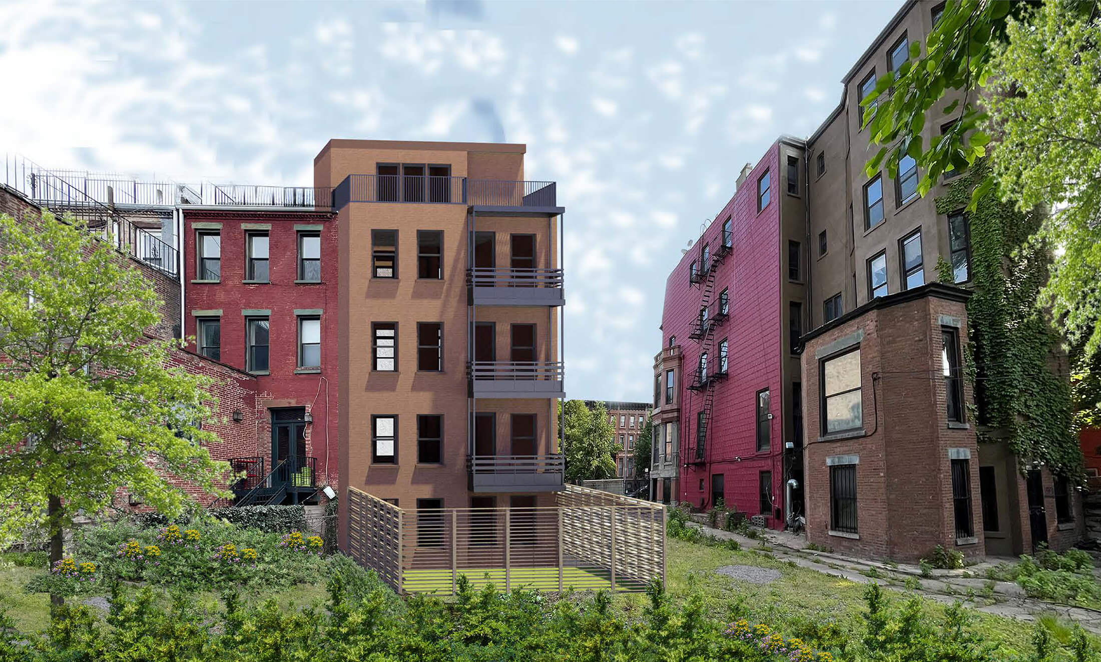 rendering showing brick building with balconies