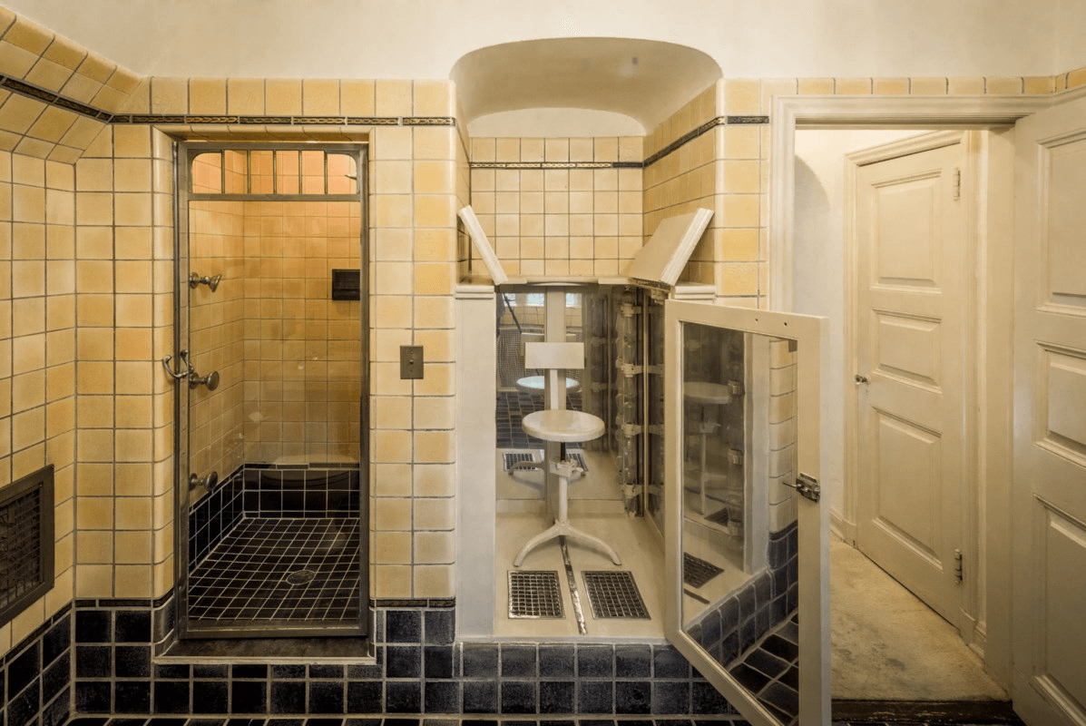 vintage bathroom with built-in shower and yellow tile