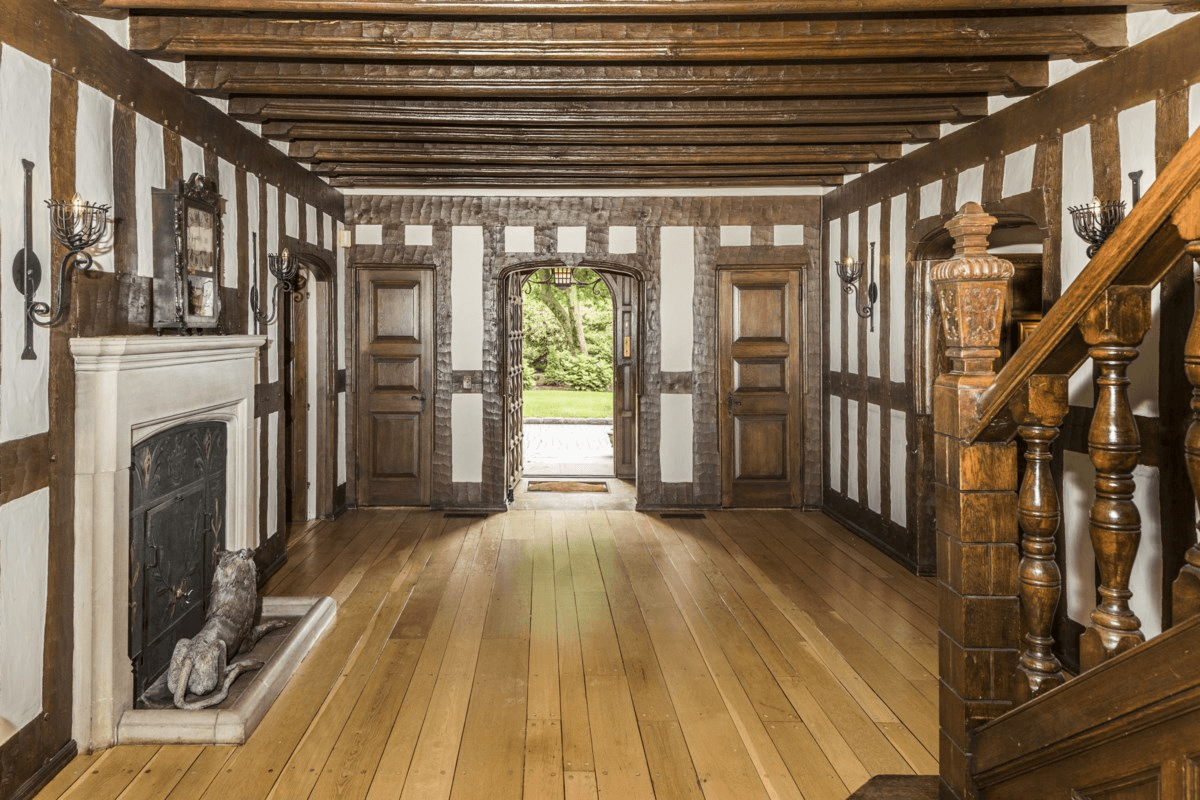 hall with mantel, half timbering and stair