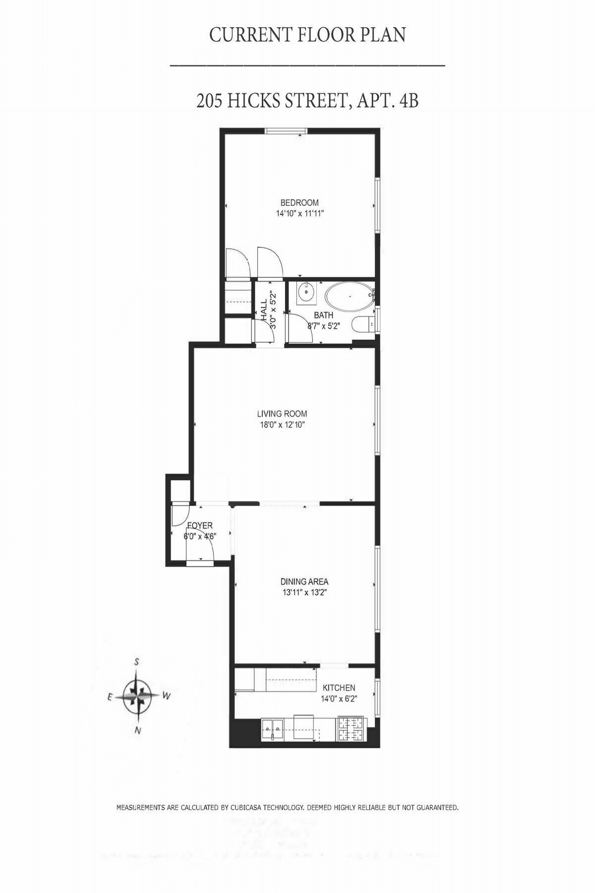 floorplan showing kitchen at one end and bedroom at other and three closets
