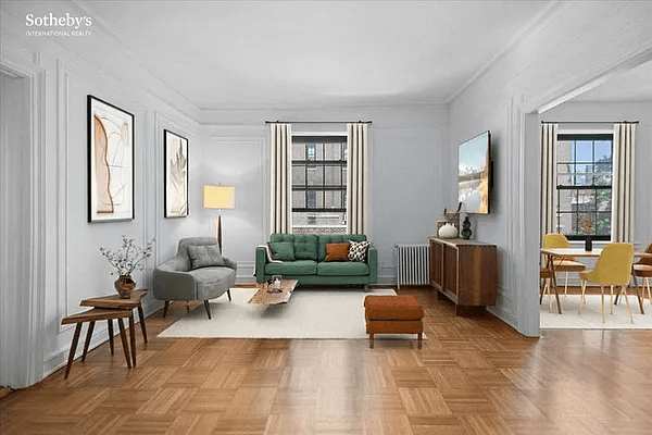 living room with wall moldings and parquet virtually staged with mid century furniture