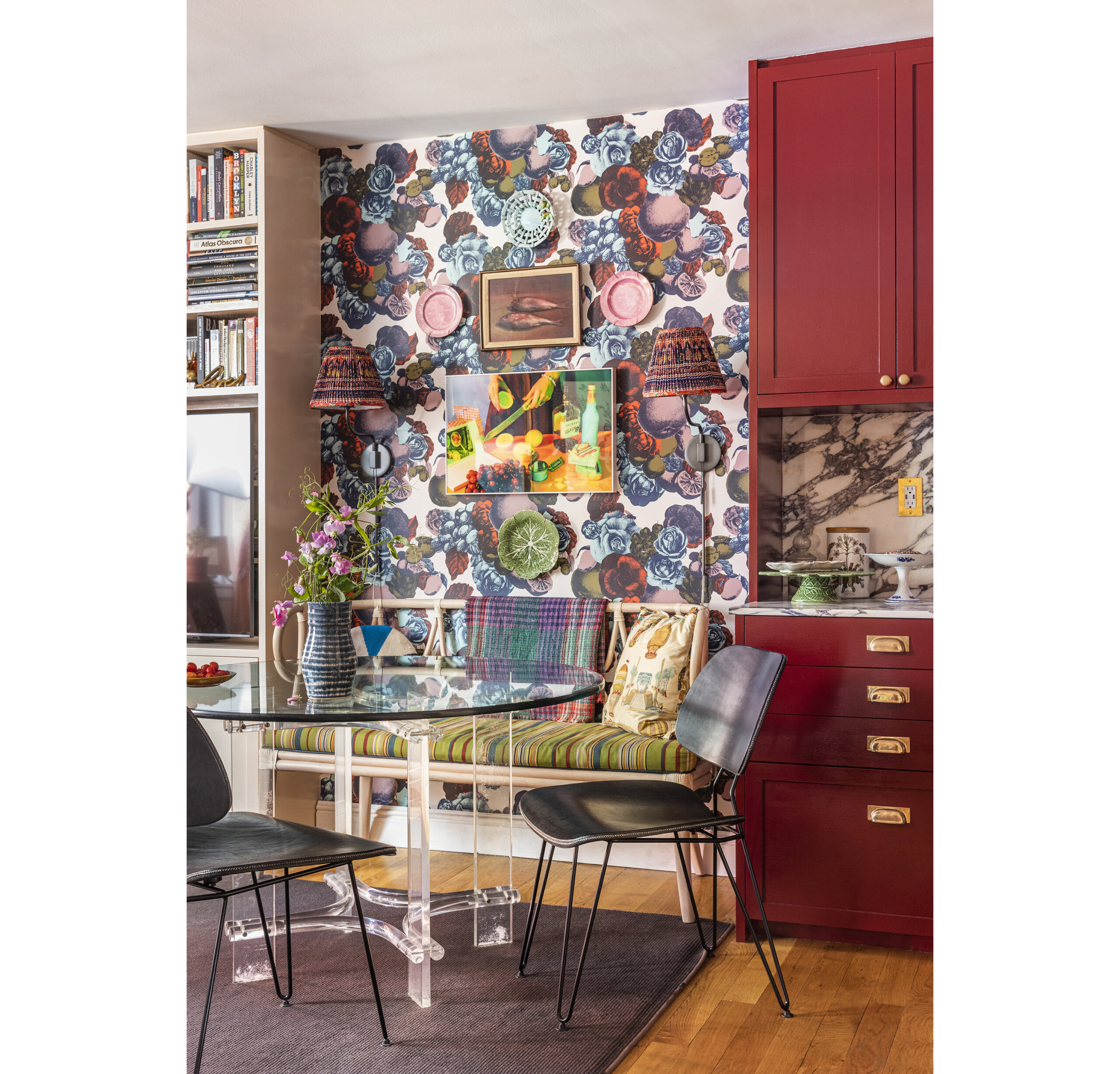 dining room with floral wallpaper