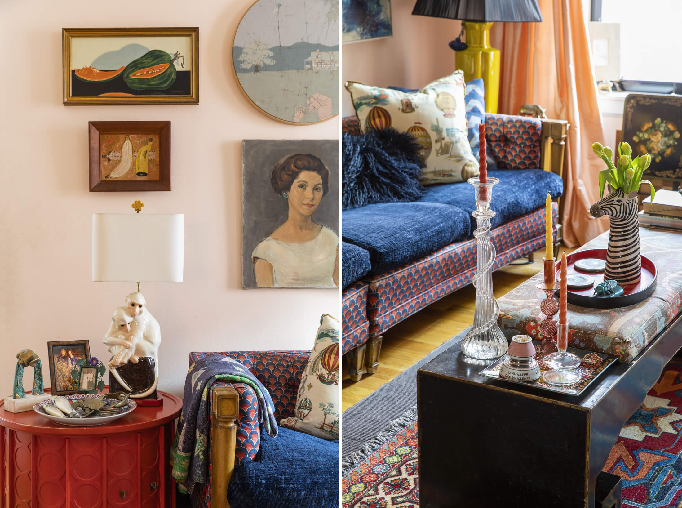 details of the living room showing paintings, candlesticks and a zebra head vase